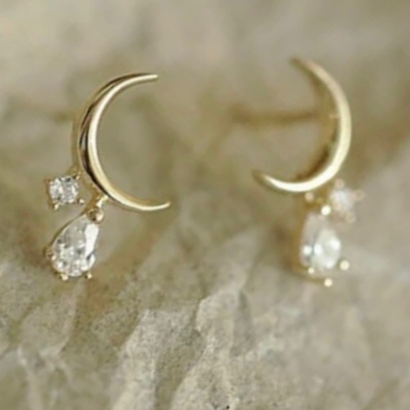 “Tears from the Moon” Crescent Sliver Dripping Crystals Swarovski Tiny 14K Studs - Picture 5 of 16
